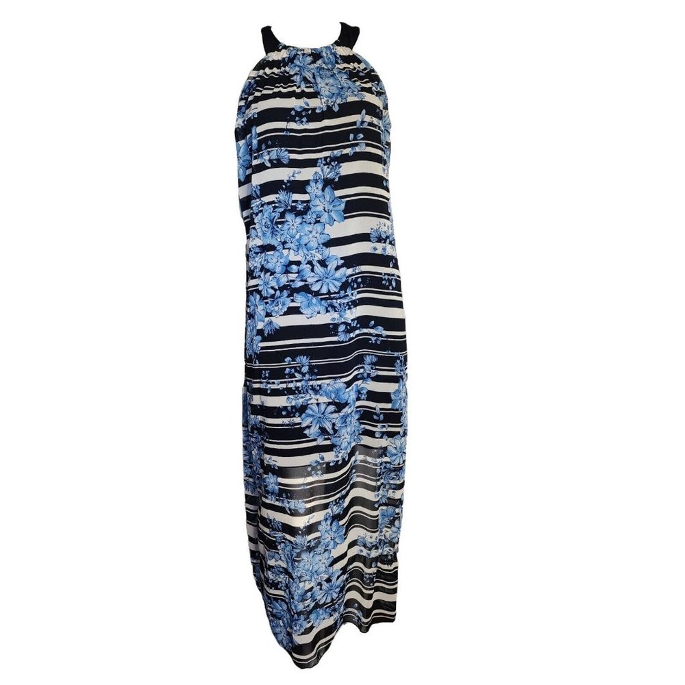 ENFOCUS‎ STUDIO Blue White Striped Floral Sleeveless Chiffon Maxi Dress Womens 6